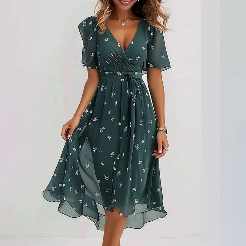 Claire™ | Robe portefeuille asymétrique à manches bouffantes